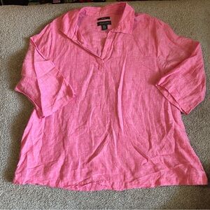 Tahari linen tunic top womens 2X pink v neck popover rolled sleeves lagenlook‎